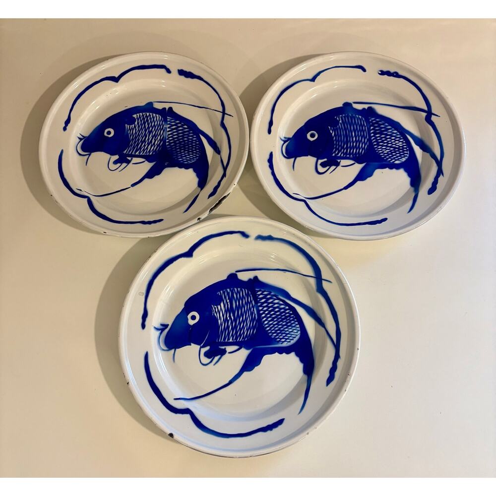 Set of 3 Vintage Blue and White Enamel Koi Fish Plates